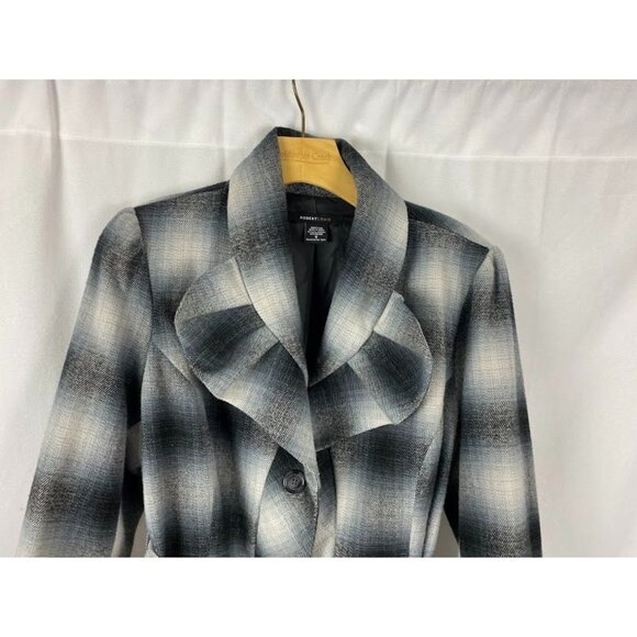Robert Lewis Blue Gray Plaid Ruffled Belted Jacket Women's Medium. - Picture 3 of 16